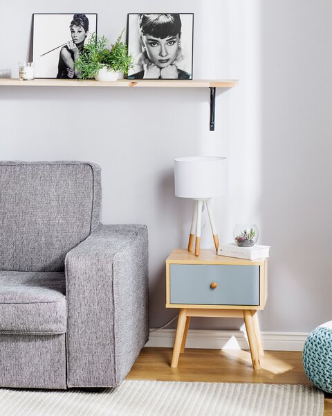 Nočný stolík svetlé drevo farba sivá drevotrieska MDF doska guma drevo guma drevo 45 x 40 x 30 cm moderná štýlová 1 zásuvková spálňa
