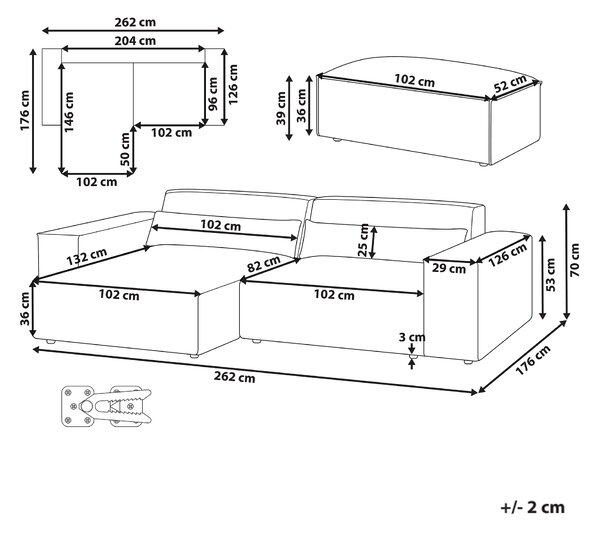 2-miestna modulárna rohová pohovka s taburetom pravostranná sivá látkové čalúnenie čierne nohy minimalistický moderný štýl obývacia izba