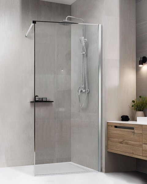 Sprchová zástena strieborná z tvrdeného skla 90 x 190 cm rám z nerezovej ocele bezdverový bezbariérový sprchovací kút moderný štýl kúpeľňa