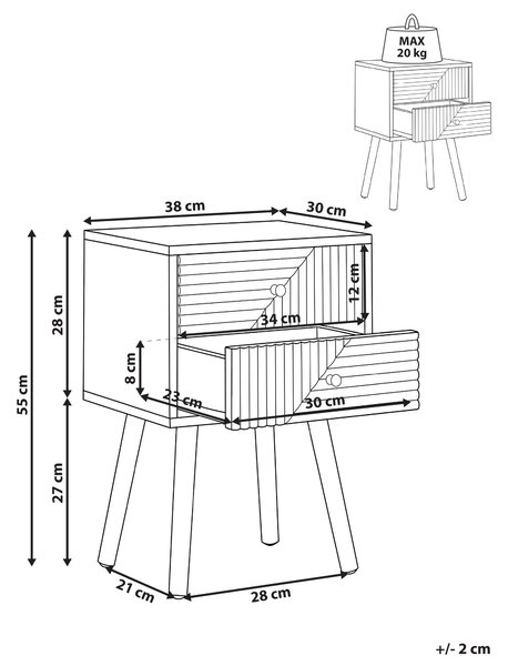 Nočný stolík svetlohnedý MDF materiál nohy z borovicového dreva 2 zásuvky moderný dizajn spálňa