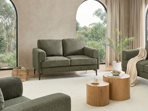 2-miestna pohovka zelené látkové čalúnenie železné nohy minimalistický štýl mid century modern