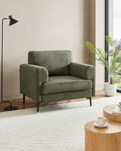 Kreslo zelené látkové čalúnenie železné nohy minimalistický štýl mid century modern
