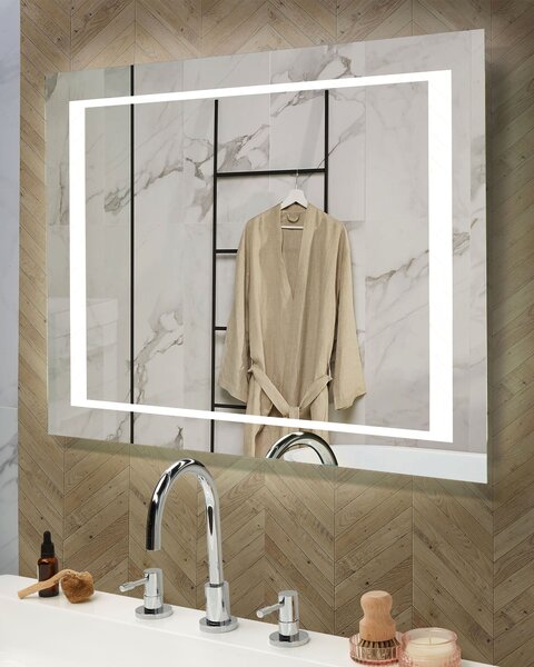 Nástenné zrkadlo strieborná syntetika sklo 60 x 80 cm obdĺžnikový tvar s LED osvetlením dotykový spínač moderný štýl kúpeľňa