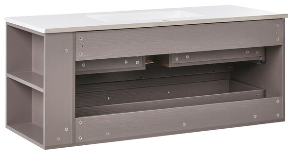 Závesná kúpeľňová skrinka s keramickým umývadlom sivobéžová spracované drevo 120 cm s 2 zásuvkami moderný dizajn