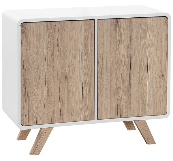Komoda biela svetlé drevo MDF 76 x 90 x 40 cm nohy z borovicového dreva úložný priestor 2 skrinky s dvierkami moderný štýl obývačka spálňa