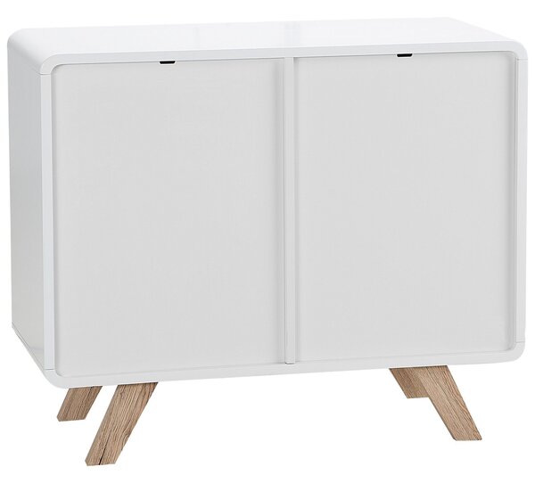 Komoda biela svetlé drevo MDF 76 x 90 x 40 cm nohy z borovicového dreva úložný priestor 2 skrinky s dvierkami moderný štýl obývačka spálňa