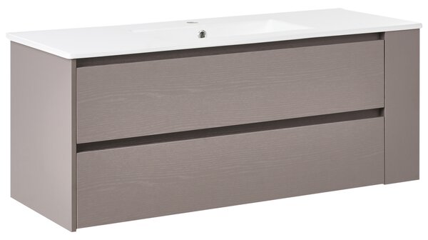 Závesná kúpeľňová skrinka s keramickým umývadlom sivobéžová spracované drevo 120 cm s 2 zásuvkami moderný dizajn