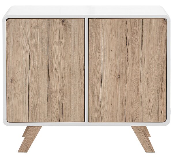 Komoda biela svetlé drevo MDF 76 x 90 x 40 cm nohy z borovicového dreva úložný priestor 2 skrinky s dvierkami moderný štýl obývačka spálňa