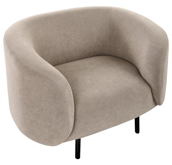 Kreslo sivobéžové polyester látkové čalúnenie čierne kovové nohy zaoblený tvar moderný art deco štýl obývačka spálňa