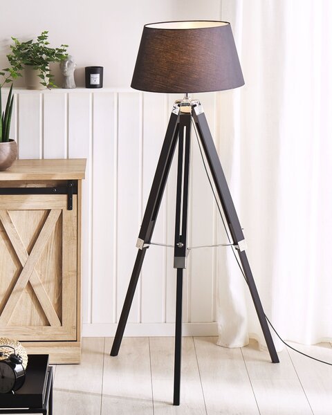 Stojaca lampa čierne drevo 143 cm látkové tienidlo trojnohý drevený statív výškovo nastaviteľný dlhý kábel s vypínačom Moderný dizajn