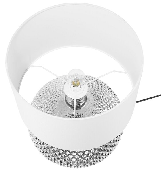 Stolná lampa strieborná sklenený podstavec 55 cm biele látkové tienidlo glamour štýl obývacia izba spálňa