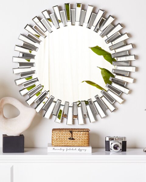 Nástenné zrkadlo strieborná MDF sklo ø 70 cm okrúhly tvar lúče slnka lesklý povrch boho glamour moderný štýl doplnky