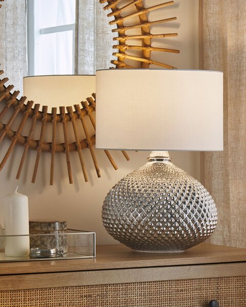 Stolná lampa strieborná sklenený podstavec 55 cm biele látkové tienidlo glamour štýl obývacia izba spálňa