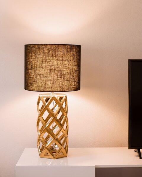 Stolná lampa zlatý keramický podstavec 71 cm čierne látkové tienidlo okrúhle v tvare bubna moderný glamour štýl obývačka spálňa