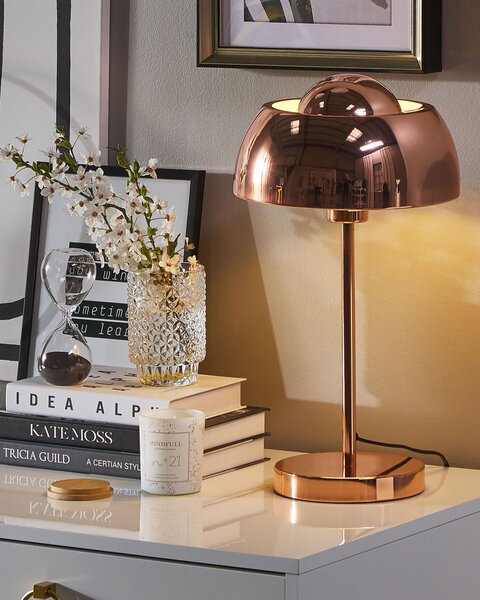 Stolná lampa medená kov lesklá povrchová úprava 44 cm okrúhle kupolovité tienidlo nočný stolík osvetlenie moderný štýl obývačka spálňa