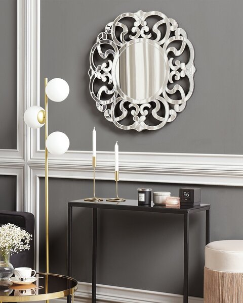 Nástenné zrkadlo strieborné MDF sklo ø 70 cm okrúhly tvar nepravidelný rám moderný glamour štýl doplnky dekorácie
