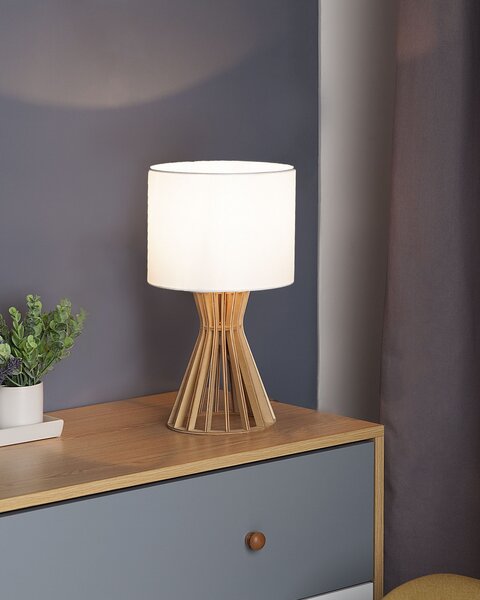 Stolná lampa biele látkové tienidlo svetlý drevený podstavec súčasné moderné svietidlo