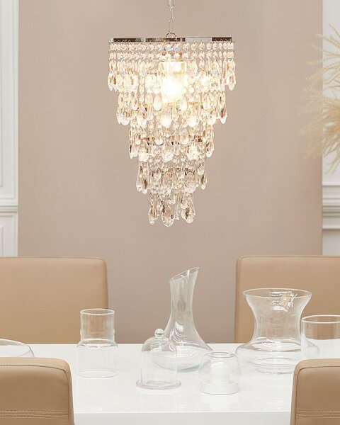 Luster strieborná priehľadná železo PVC plexisklo lesklý povrch s krištáľmi závesná lampa glamour štýl obývačka jedáleň