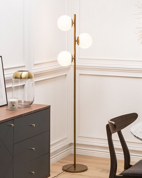 Stojaca lampa zlatá oceľ sklo práškové lakovanie 153 cm 3 svetlá sklenené tienidlá moderný retro štýl obývačka