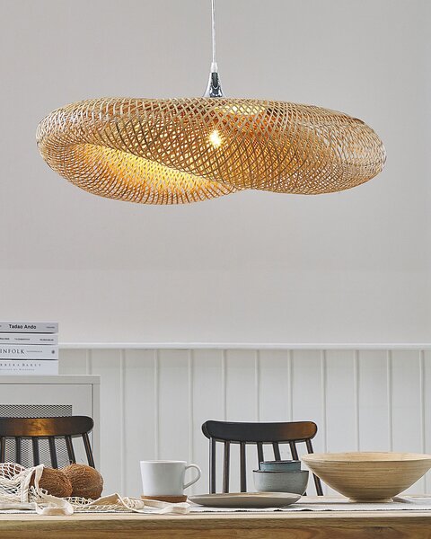 Závesná lampa svetlohnedá bambusové drevené tienidlo boho dizajn osvetlenie do interiéru
