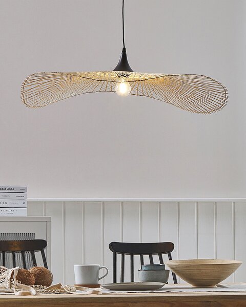 Závesná lampa svetlohnedá bambusové drevo oválne tienidlo 80 cm stropné svietidlo boho štýl