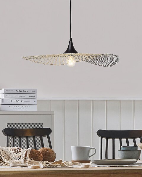 Závesná lampa svetlohnedá bambusové drevo oválne tienidlo 60 cm stropné svietidlo boho štýl
