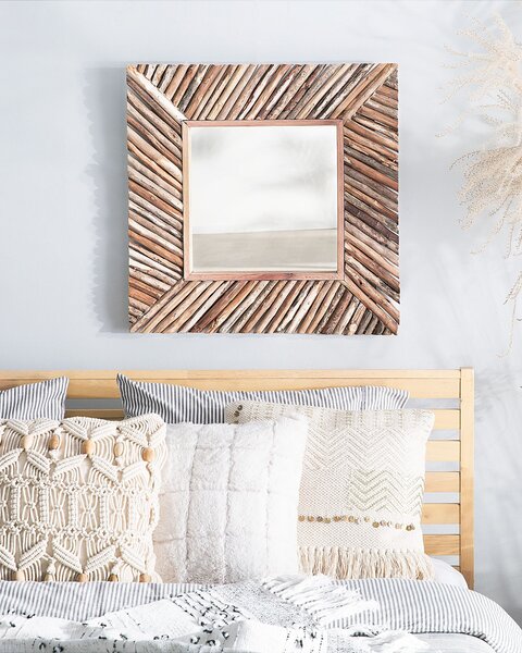 Nástenné zrkadlo prírodné svetlé drevo 60 x 60 cm štvorcový tvar boho rustikálny štýl doplnky