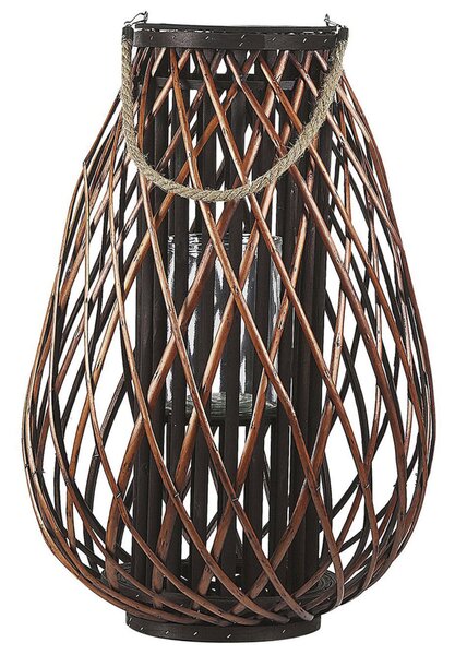 Dekoratívny lampáš tmavohnedý vŕbové drevo sklo 60 cm oválny tvar s rúčkou moderný rustikálny štýl doplnky dekorácie