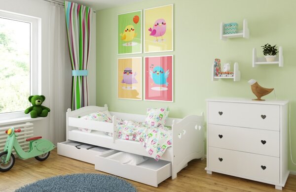 Raj posteli Detská posteľ SRDCE 2 s 2 zásuvkami (výber farieb) 160x80 cm, 180x80 cm biela - dub sonoma, biela, bielo-modrá, bielo-ružová, bielo-sivá