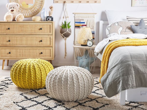 Puf taburetka béžová okrúhla bavlnená 50 x 35 cm pletená podnožka výplň z polystyrénového granulátu