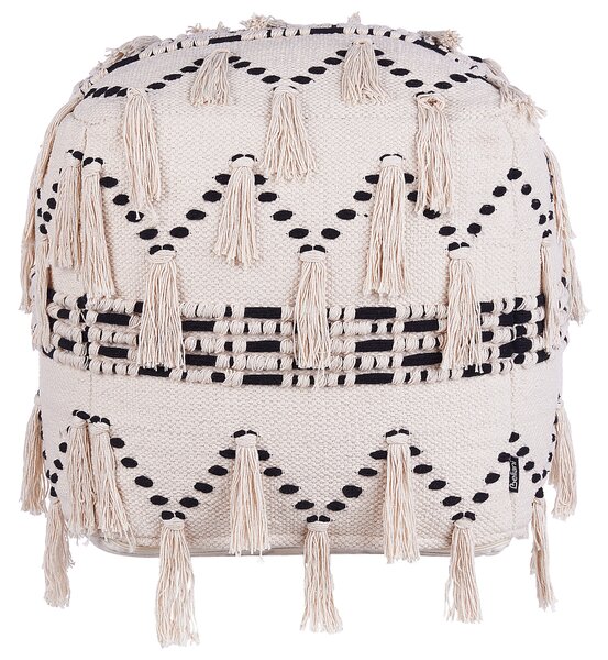 Puf taburetka na sedenie béžová s čiernym bavlnená so strapcami boho retro dekoratívne doplnky