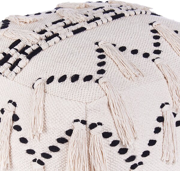 Puf taburetka na sedenie béžová s čiernym bavlnená so strapcami boho retro dekoratívne doplnky