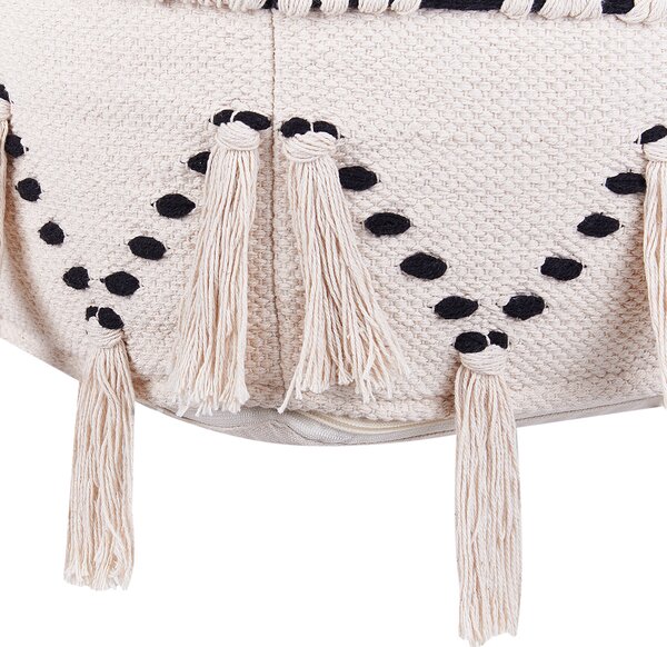 Puf taburetka na sedenie béžová s čiernym bavlnená so strapcami boho retro dekoratívne doplnky