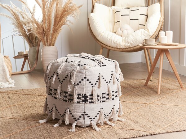 Puf taburetka na sedenie béžová s čiernym bavlnená so strapcami boho retro dekoratívne doplnky