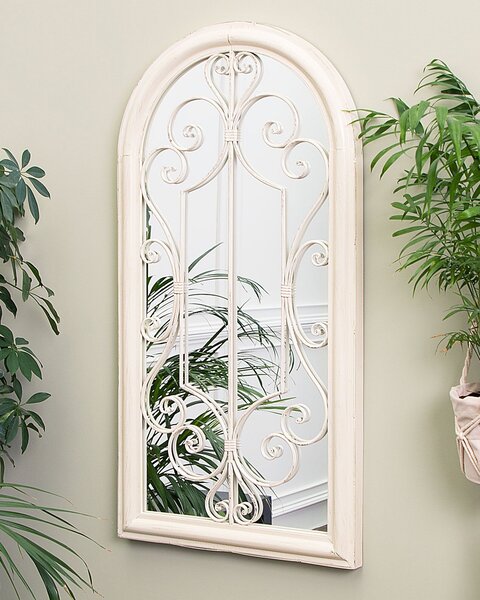 Nástenné zrkadlo krémová biela 49 x 97 cm zaoblený kovový rám v tvare okna elegantný klasický dizajn