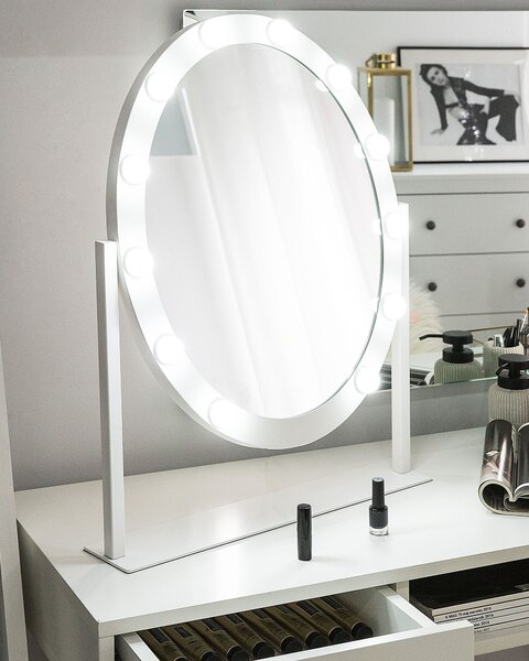 Kozmetické zrkadlo biela železo sklo 50 x 60 cm oválny tvar s LED osvetlením hollywoodske moderný glamour štýl doplnky
