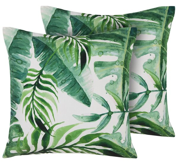 Sada 2 záhradných vankúšov zelená biela polyester 45 x 45 cm štvorcový tvar rastlinný vzor odolnosť voči UV moderný štýl exteriér
