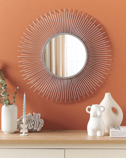 Nástenné závesné zrkadlo strieborné ø 80 cm okrúhle v tvare slnka moderný bytový doplnok