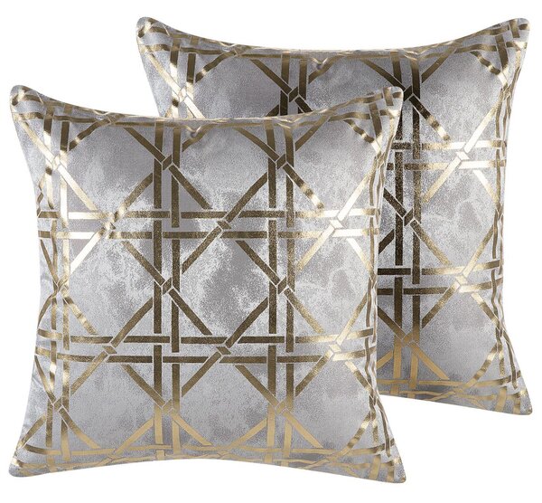 Sada 2 dekoratívnych vankúšov sivá so zlatým geometrickým vzorom 45 x 45 cm fóliová potlač glamour doplnky
