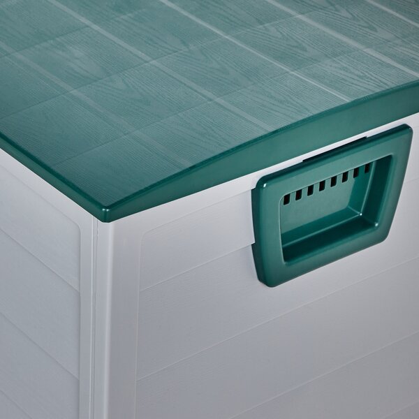 Záhradný úložný box béžová zelená plast 112 x 50 cm s úchytkami na kolieskach krabica na náradie exteriér