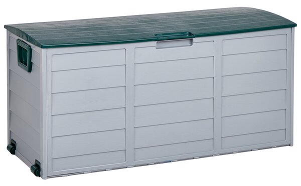 Záhradný úložný box béžová zelená plast 112 x 50 cm s úchytkami na kolieskach krabica na náradie exteriér