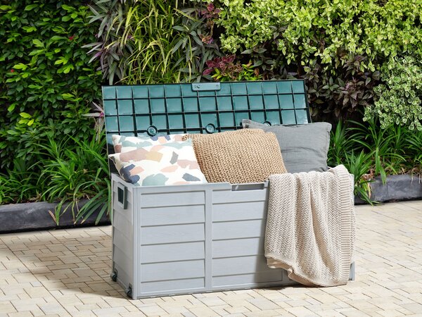 Záhradný úložný box béžová zelená plast 112 x 50 cm s úchytkami na kolieskach krabica na náradie exteriér