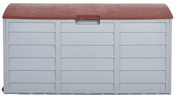 Záhradný úložný box béžová hnedá plast 112 x 50 cm s úchytkami na kolieskach krabica na náradie exteriér