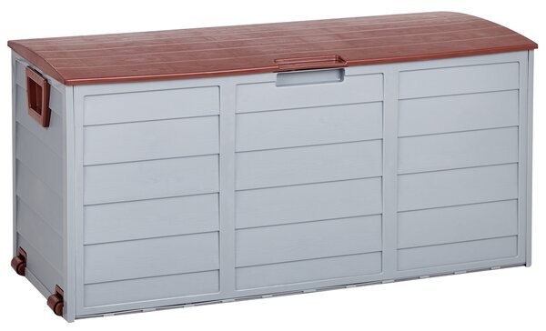 Záhradný úložný box béžová hnedá plast 112 x 50 cm s úchytkami na kolieskach krabica na náradie exteriér
