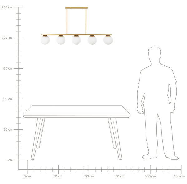Závesná lampa zlatá biela kov sklo matný povrch 60 cm 5 okrúhlych guľových tienidiel moderný glamour štýl osvetlenie