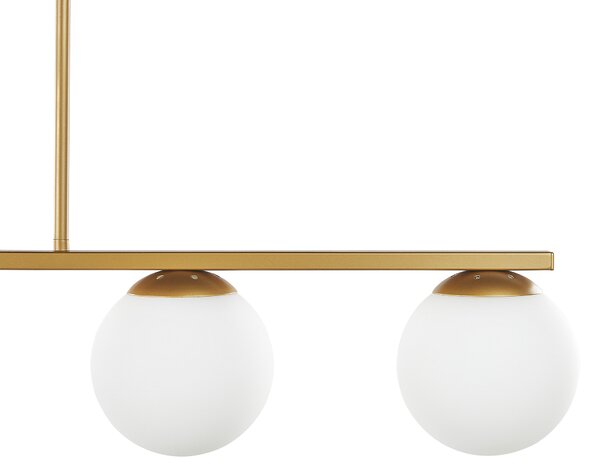 Závesná lampa zlatá biela kov sklo matný povrch 60 cm 5 okrúhlych guľových tienidiel moderný glamour štýl osvetlenie