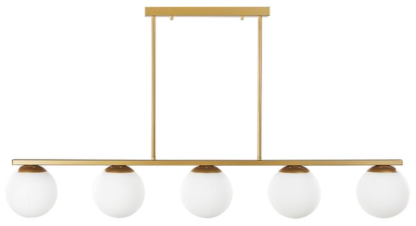 Závesná lampa zlatá biela kov sklo matný povrch 60 cm 5 okrúhlych guľových tienidiel moderný glamour štýl osvetlenie
