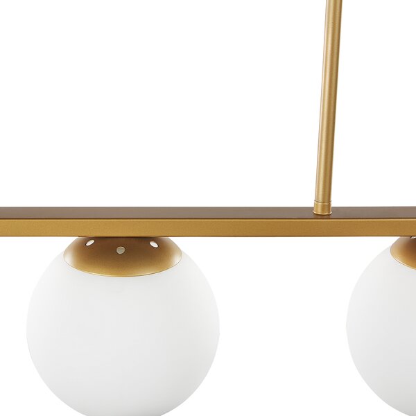 Závesná lampa zlatá biela kov sklo matný povrch 60 cm 5 okrúhlych guľových tienidiel moderný glamour štýl osvetlenie