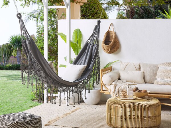 Záhradná hojdacia sieť sivá bavlna polyester hojdačka so strapcami boho štýl interiér exteriér