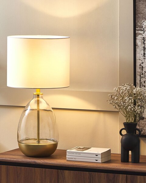 Stolná lampa biela zlatá priehľadná sklo oceľ polyester bavlna 63 cm priehľadný podstavec okrúhle tienidlo glamour štýl obývačka spálňa